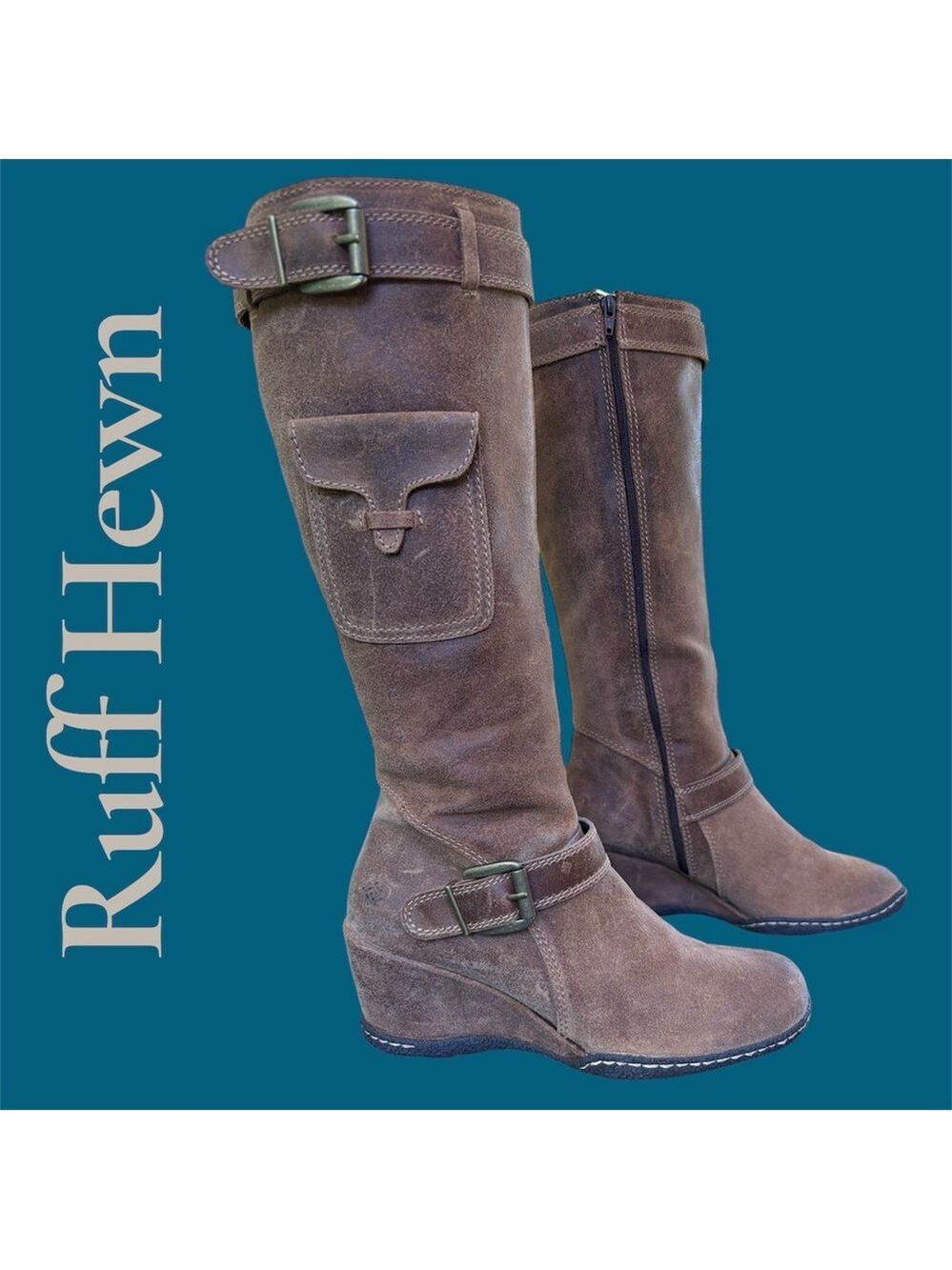 Ruff Hewn Distressed Suede Boho Knee-High Wedge Boots, Buckle Pocket. 8.5 NWOB